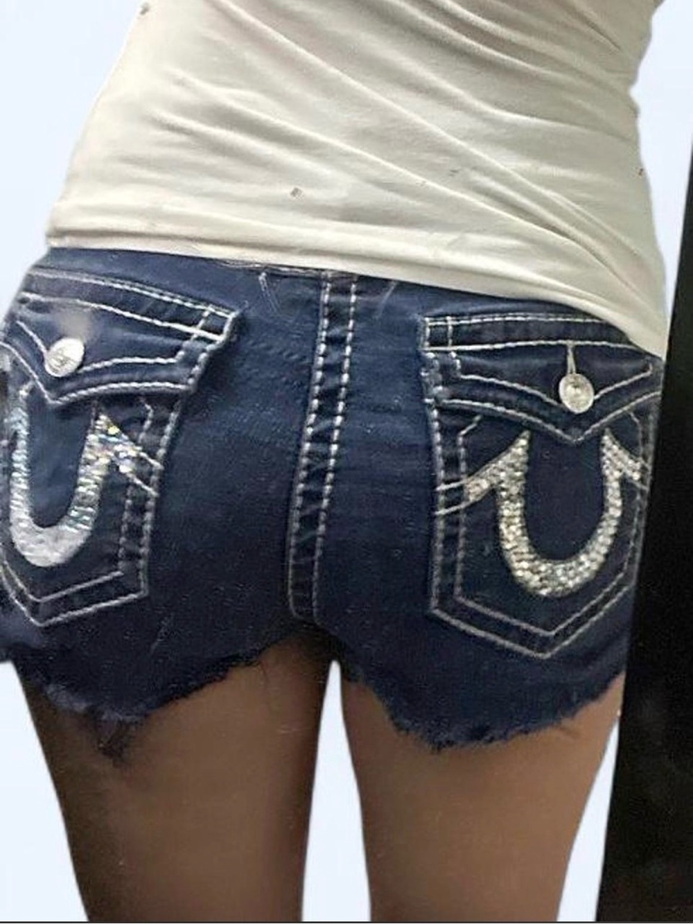 True Religion Dark Blue Denim Shorts with Rhinestone Horseshoe